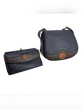 💙Vintage Dooney & Bourke Navy Blue, Green & Brown H05 Teton Saddle Bag Set💙